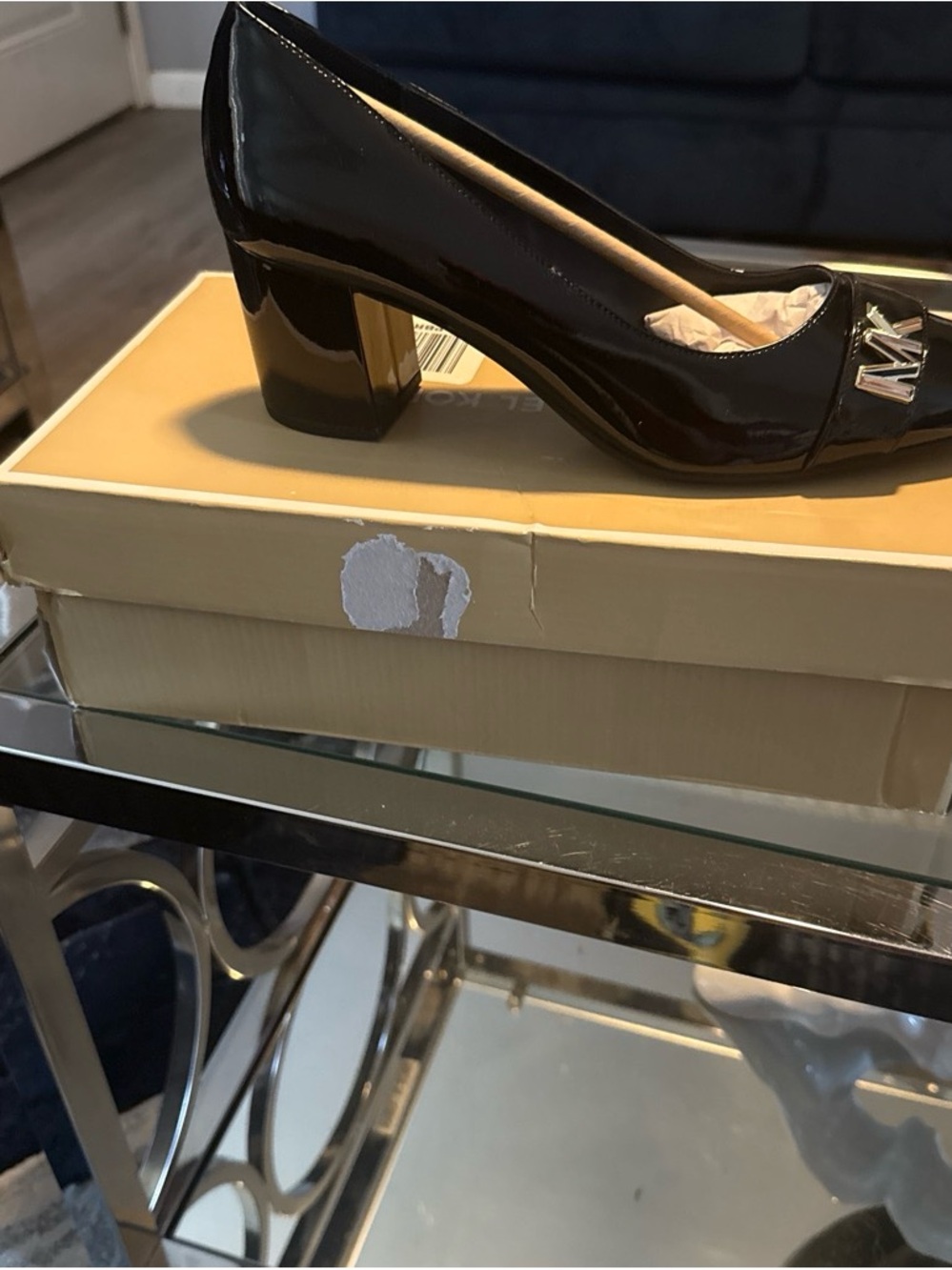 Michael Kors Black Patent Block Heel Pumps with MK Accent